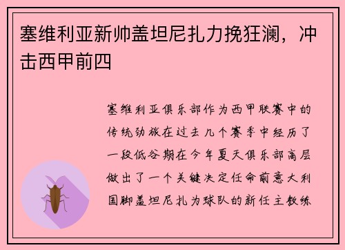 塞维利亚新帅盖坦尼扎力挽狂澜，冲击西甲前四