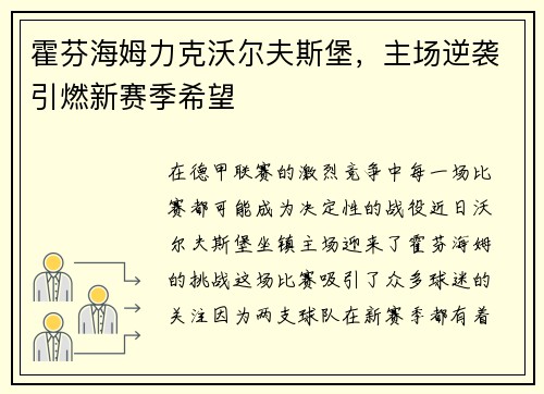 霍芬海姆力克沃尔夫斯堡，主场逆袭引燃新赛季希望