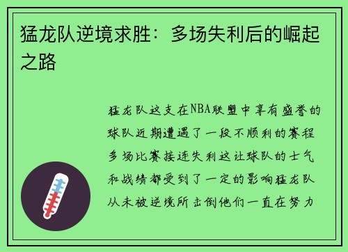 猛龙队逆境求胜：多场失利后的崛起之路